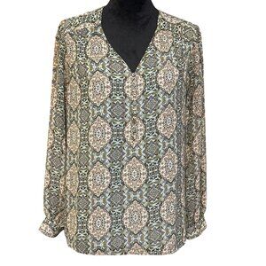 💖Belle By Kim Gravel Women's Paisley Button-Down Blouse V-Neck Long Sleeves Size